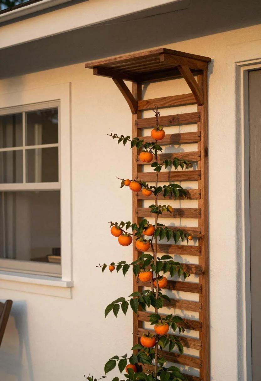 Walnut trellis panel beside a porch window with persimmon trumpet vine blooms glowing at dusk