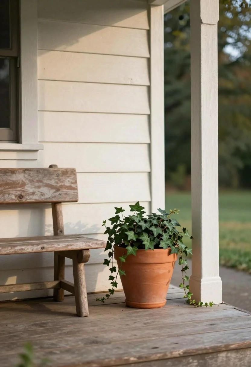 Cottagecore porch with a warm terracotta ivy pot beside wooden steps and a weathered pine bench