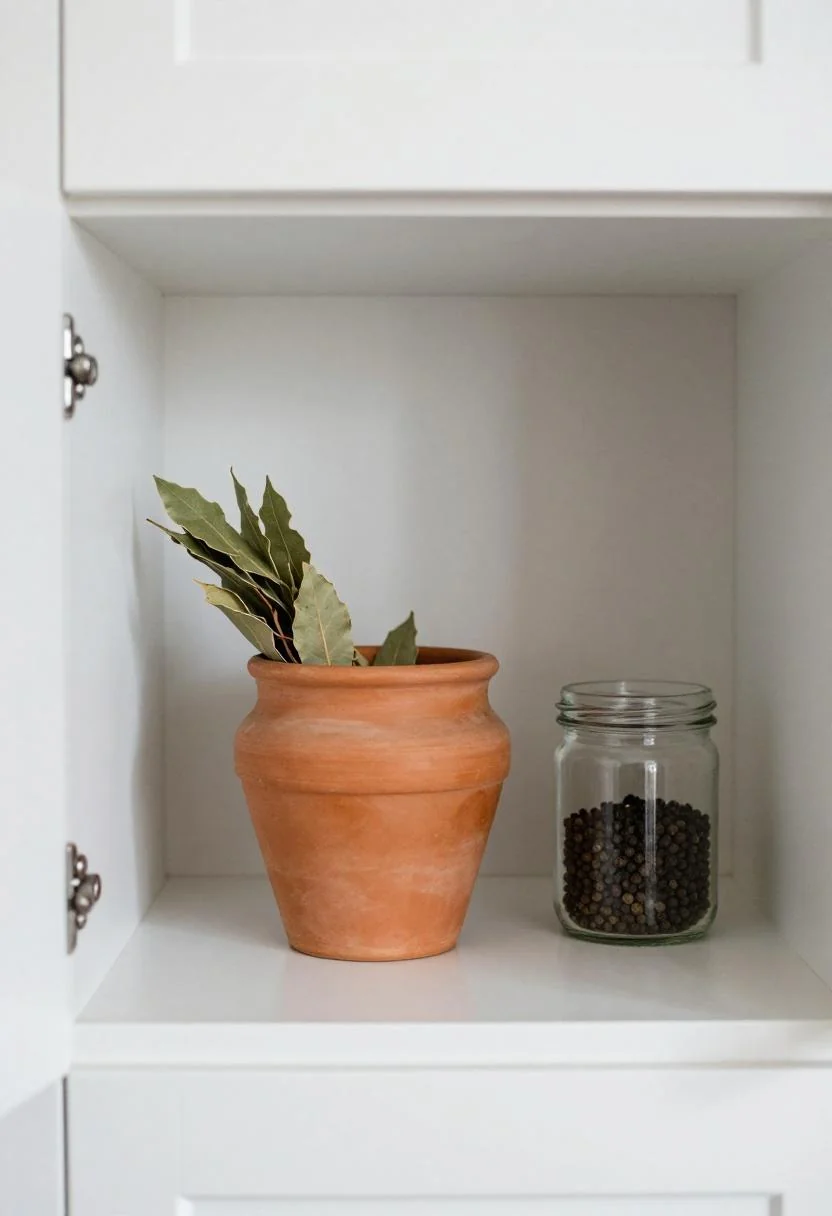 Lower cabinet shelf with a terracotta spice pot and glass jar of peppercorns