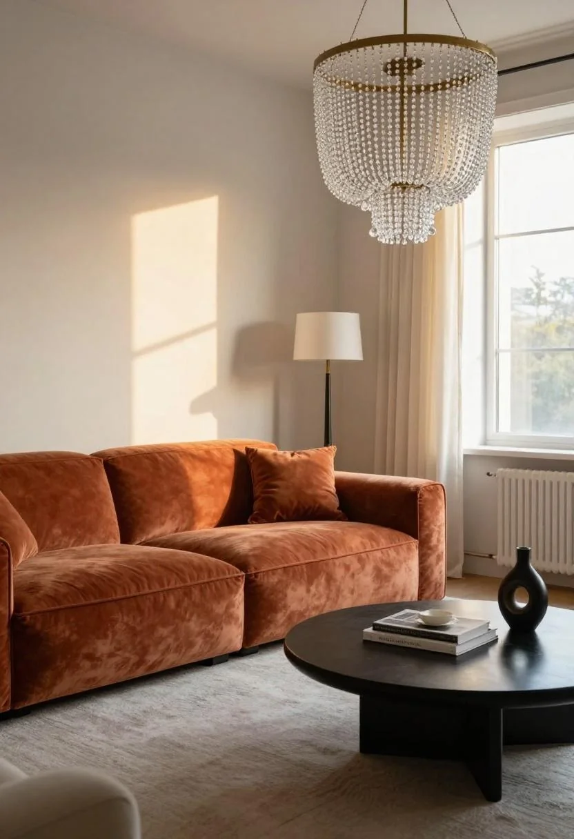 Warm terracotta velvet floor pouf beside a lacquered table beneath a glamorous crystal-beaded pendant light