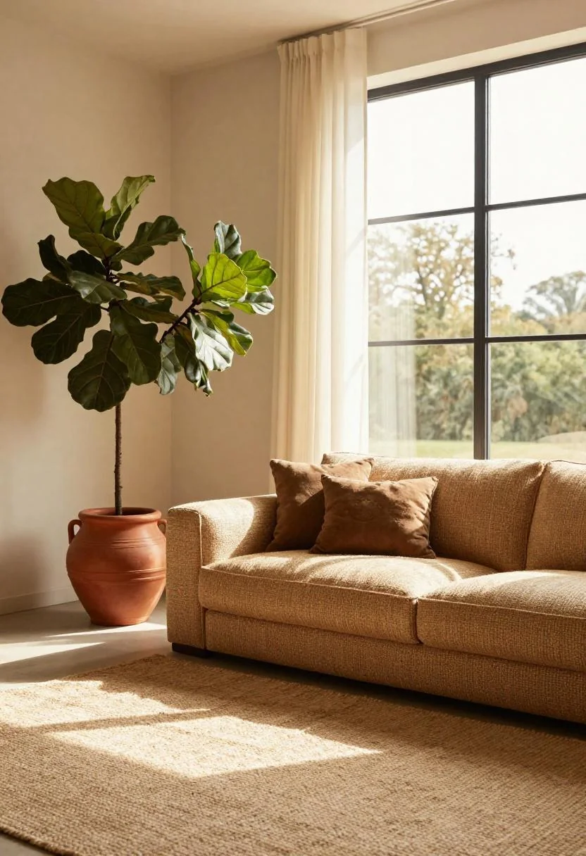 Jute sectional sofa with a warm terracotta fiddle leaf fig pot in golden tropical light
