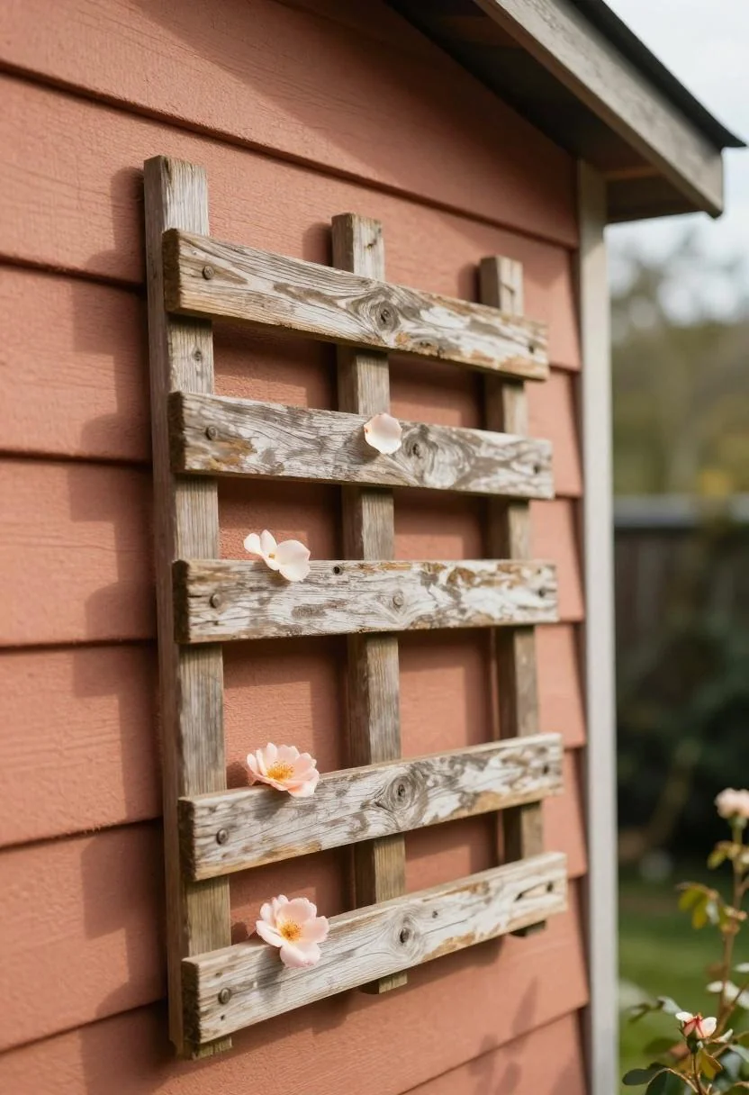 Reclaimed pine trellis on a garden shed wall with terracotta-toned rose blooms in morning sun