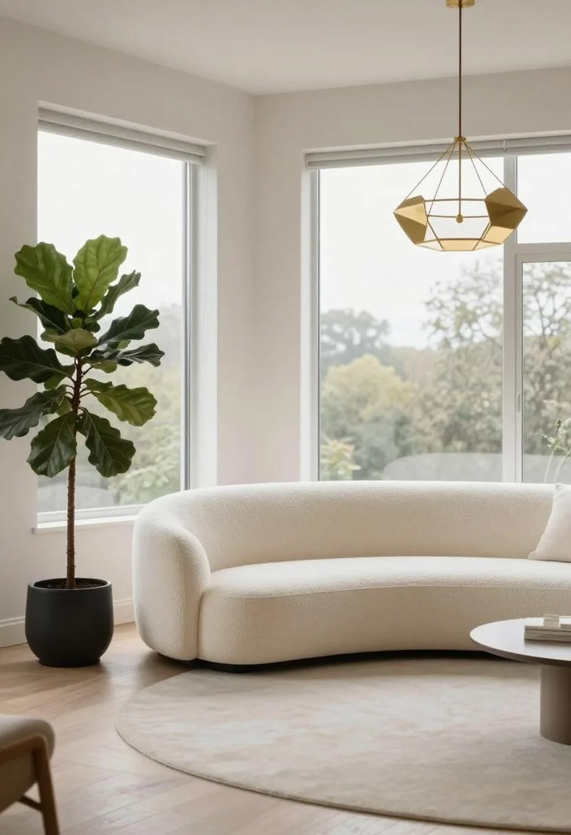 Maximalist-meets-minimal living room with a cream white bouclé sofa beneath a geometric brass pendant light