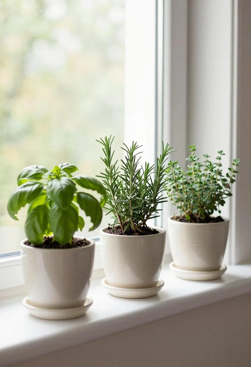 Kitchen windowsill with cream white ceramic herb pots growing a fresh summer herb garden