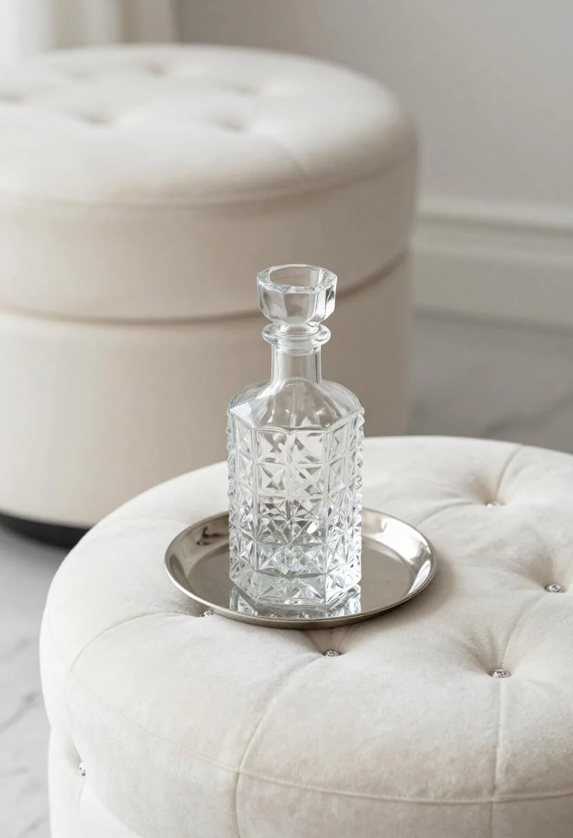 Cream white velvet tufted ottoman with rhinestone buttons and a crystal decanter displayed on a silver tray