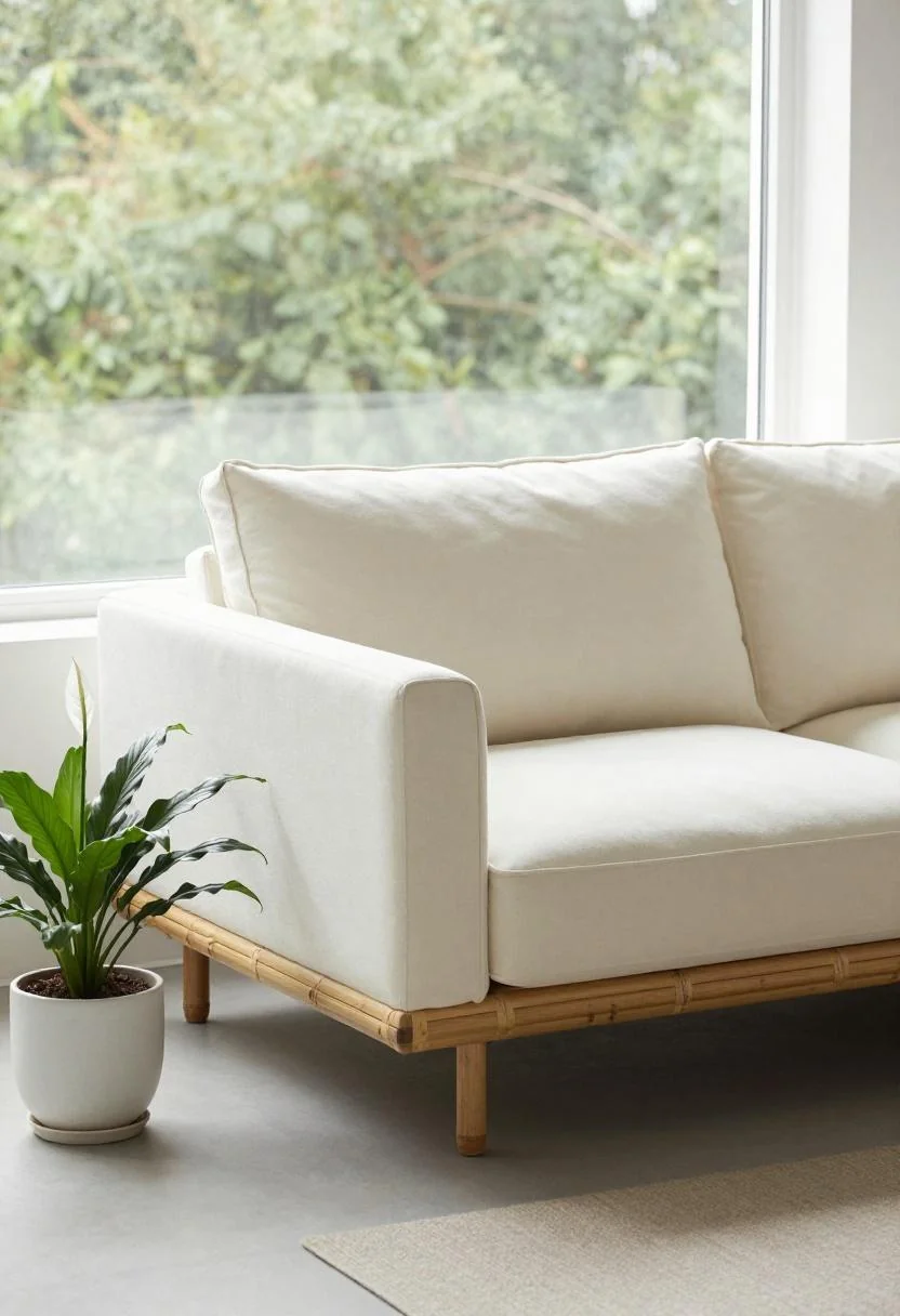 Cream white bamboo platform sofa with a peace lily in japandi-tropical living room styling