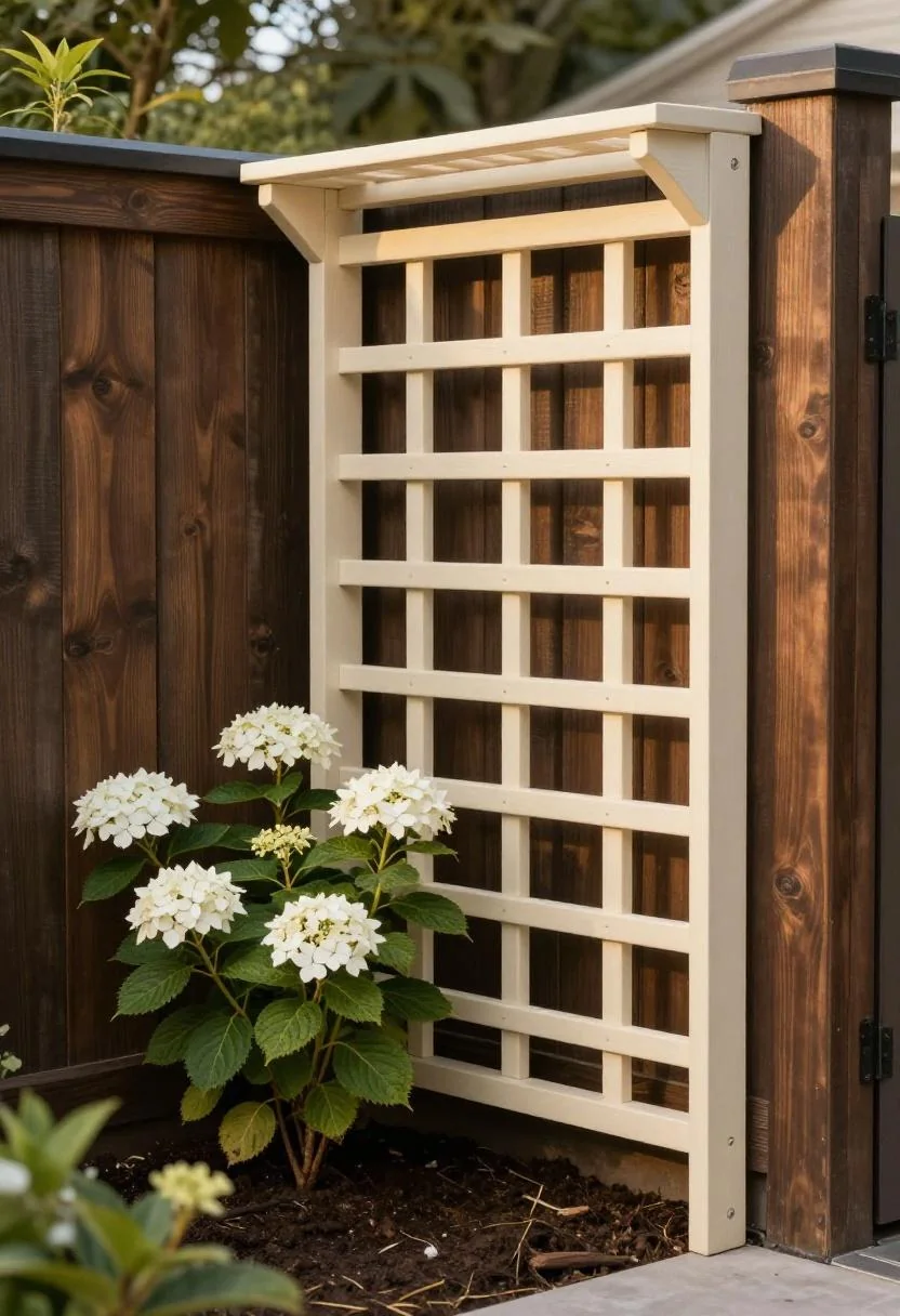Cream cedar trellis mounted against a dark-stained fence with white hydrangea vine glowing in golden hour light