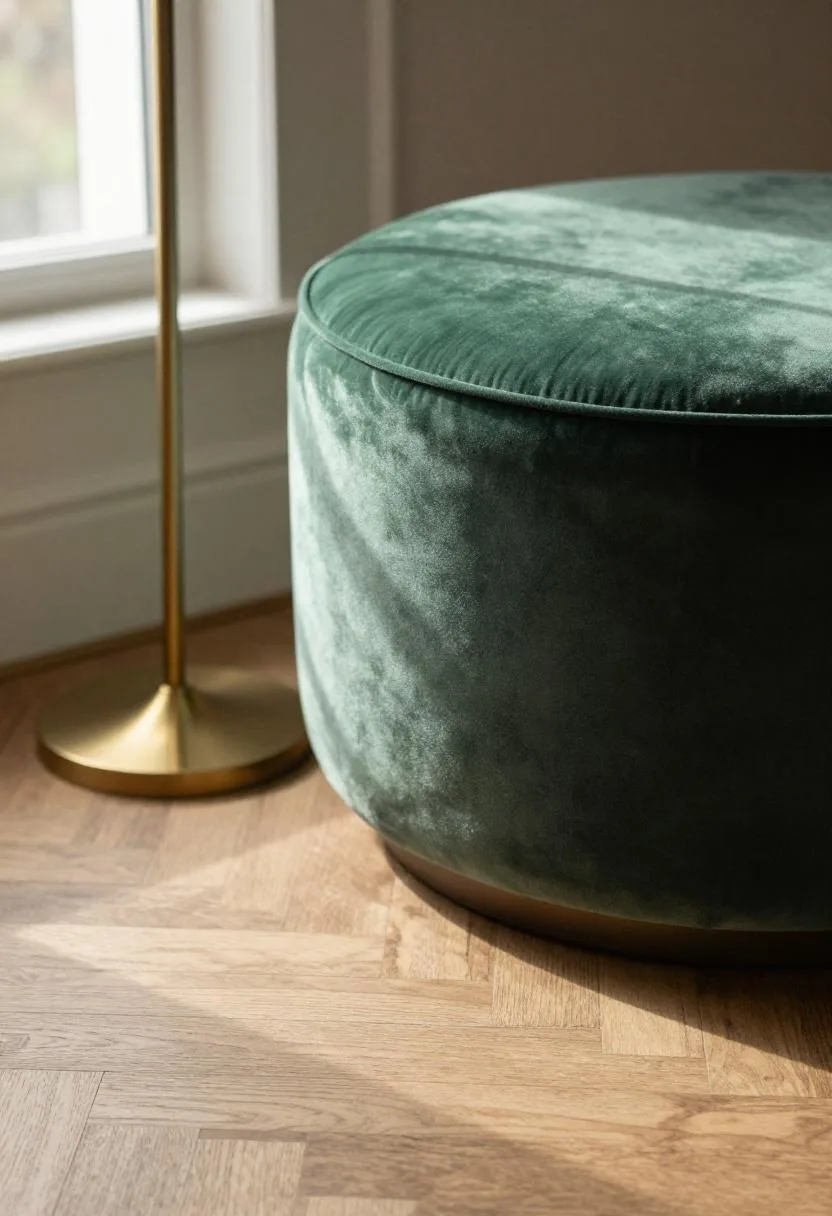 Jade velvet ottoman paired with brass floor lamp for a bold color accent