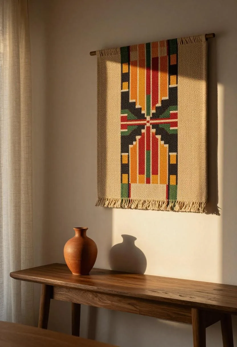Kente-inspired wall hanging paired with terracotta vase on a walnut console