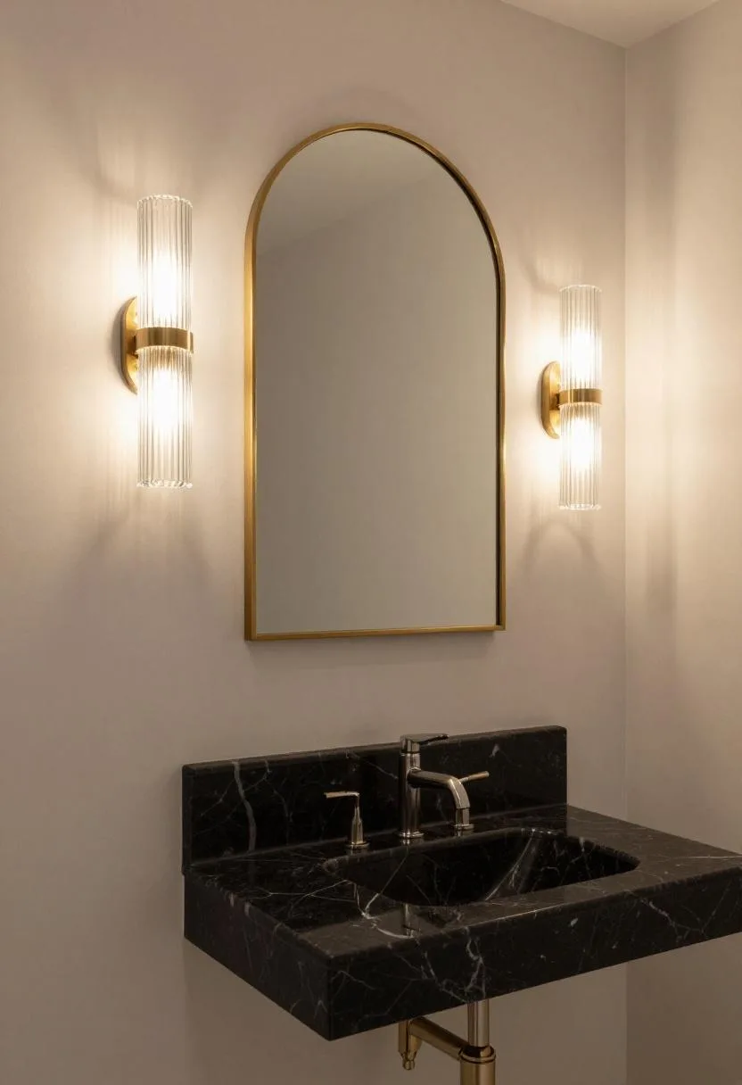 Neo Deco powder room with fluted glass sconce and brass arched mirror