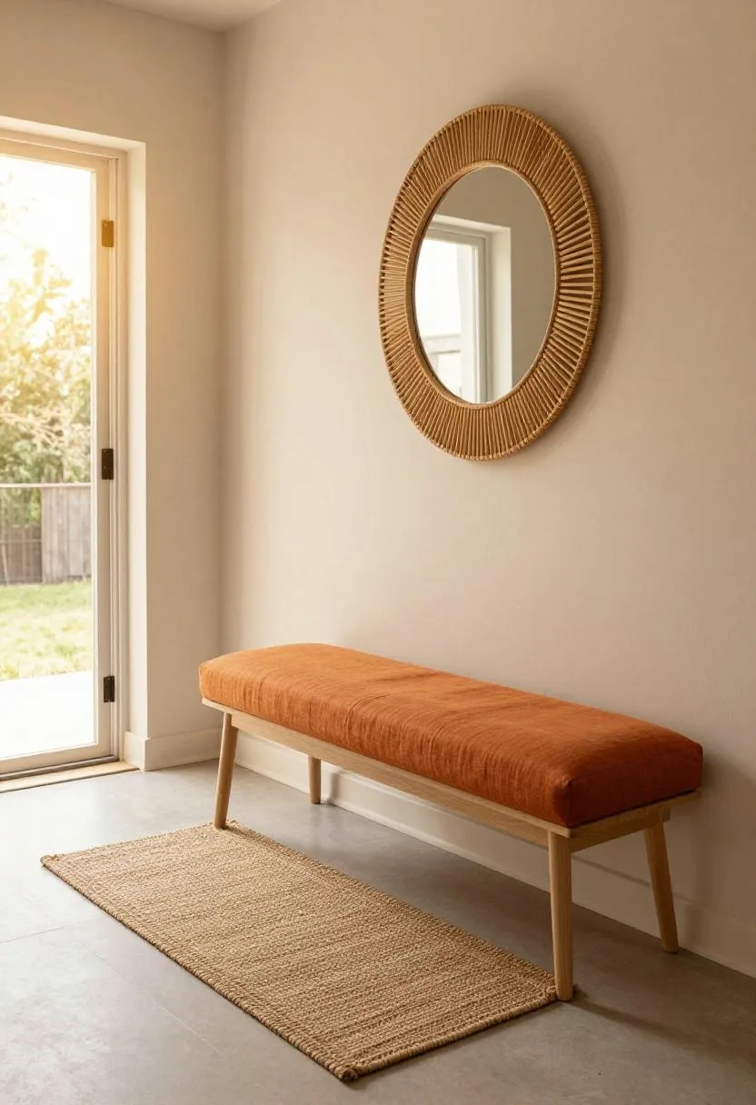 Bold Persimmon accent bench styled in a warm bohemian entryway