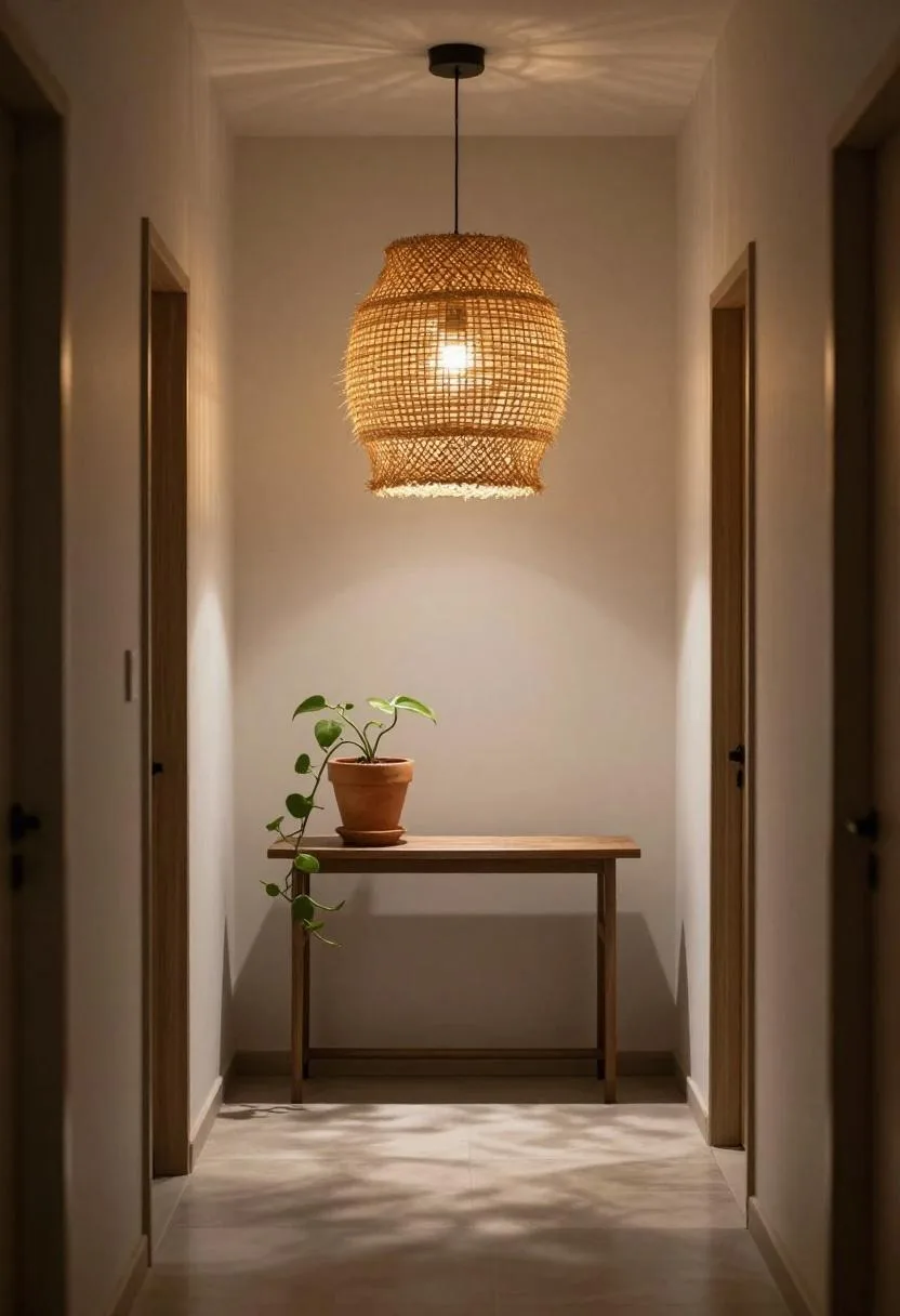 Raffia pendant lamp and terracotta planter warm a bohemian hallway