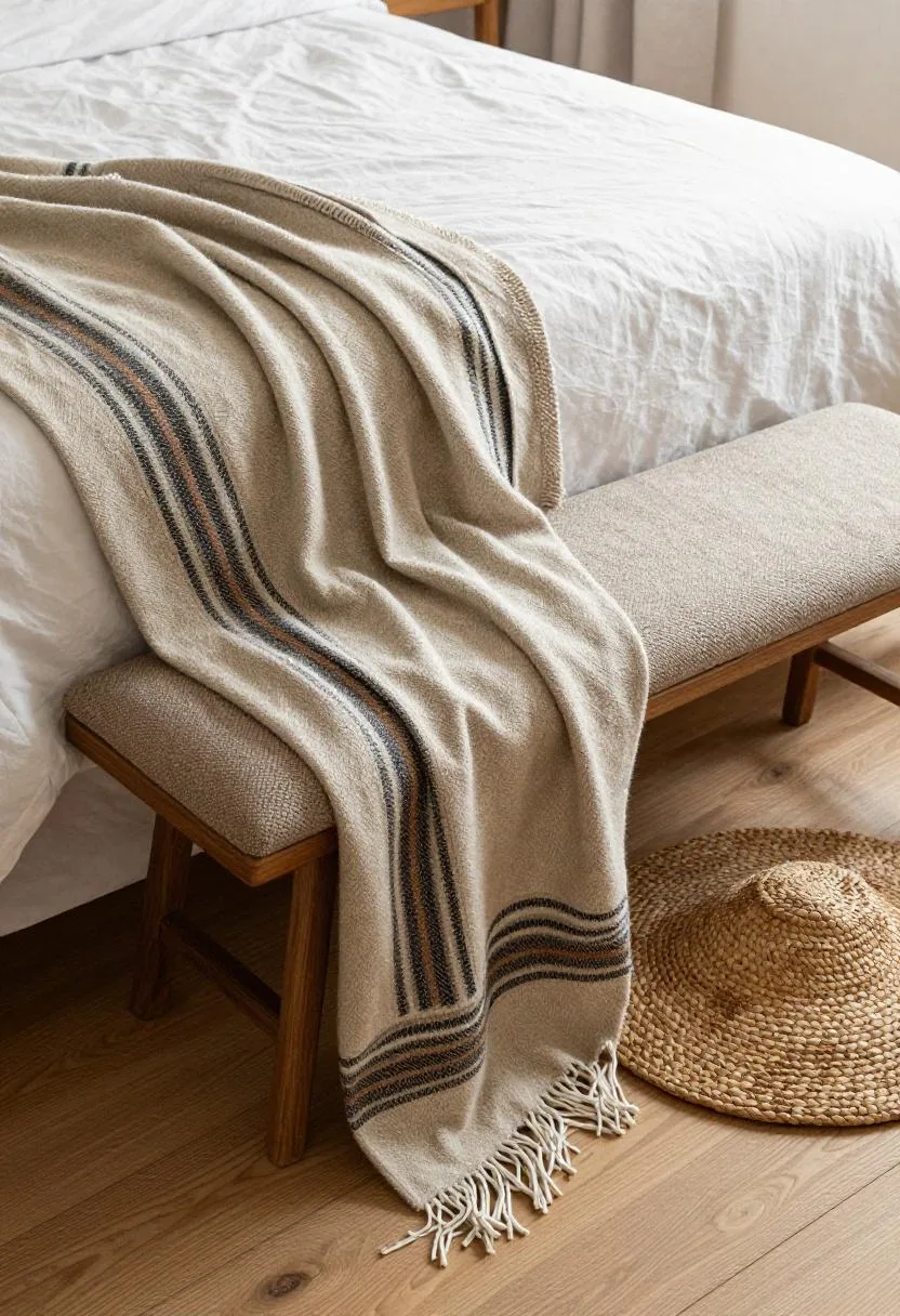 Global-find striped wool blanket layered on an oak bedroom bench