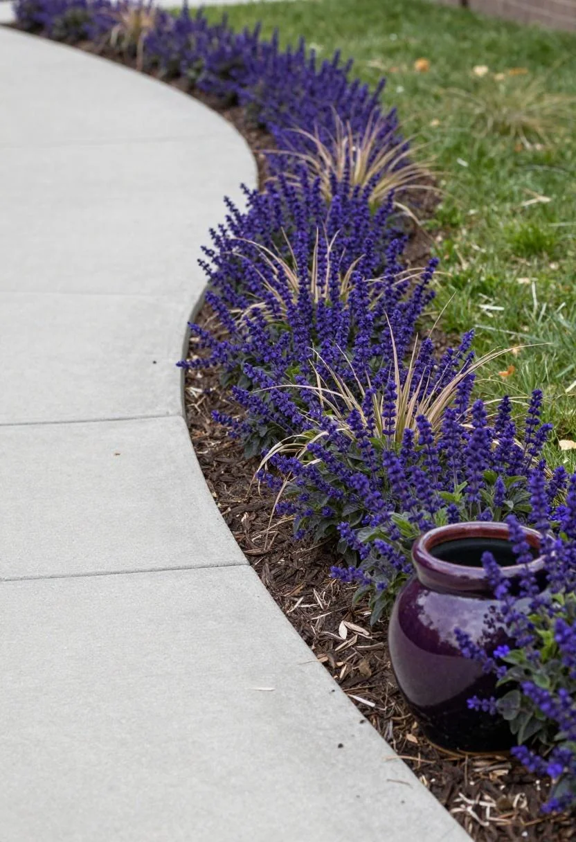 Curved front flower bed with purple salvia and plum noir glazed planter at path edge