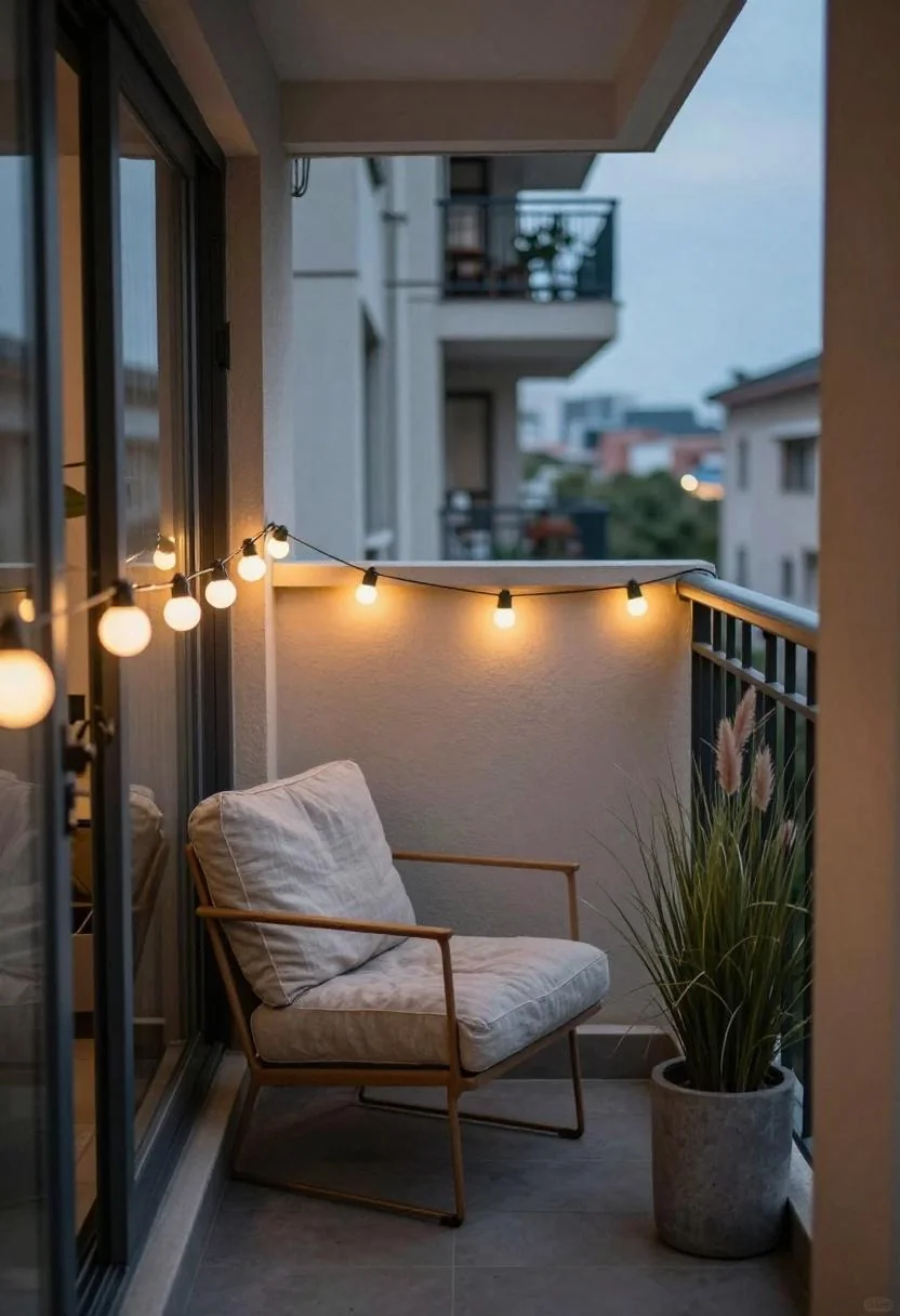 Plum linen loveseat and concrete grass planter on string-lit balcony at dusk