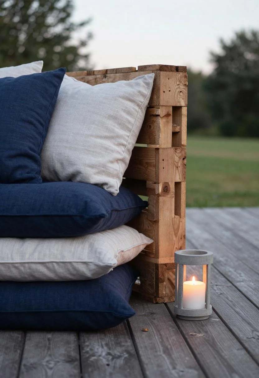 Plum linen floor pillows and concrete lantern on a pallet corner patio at dusk