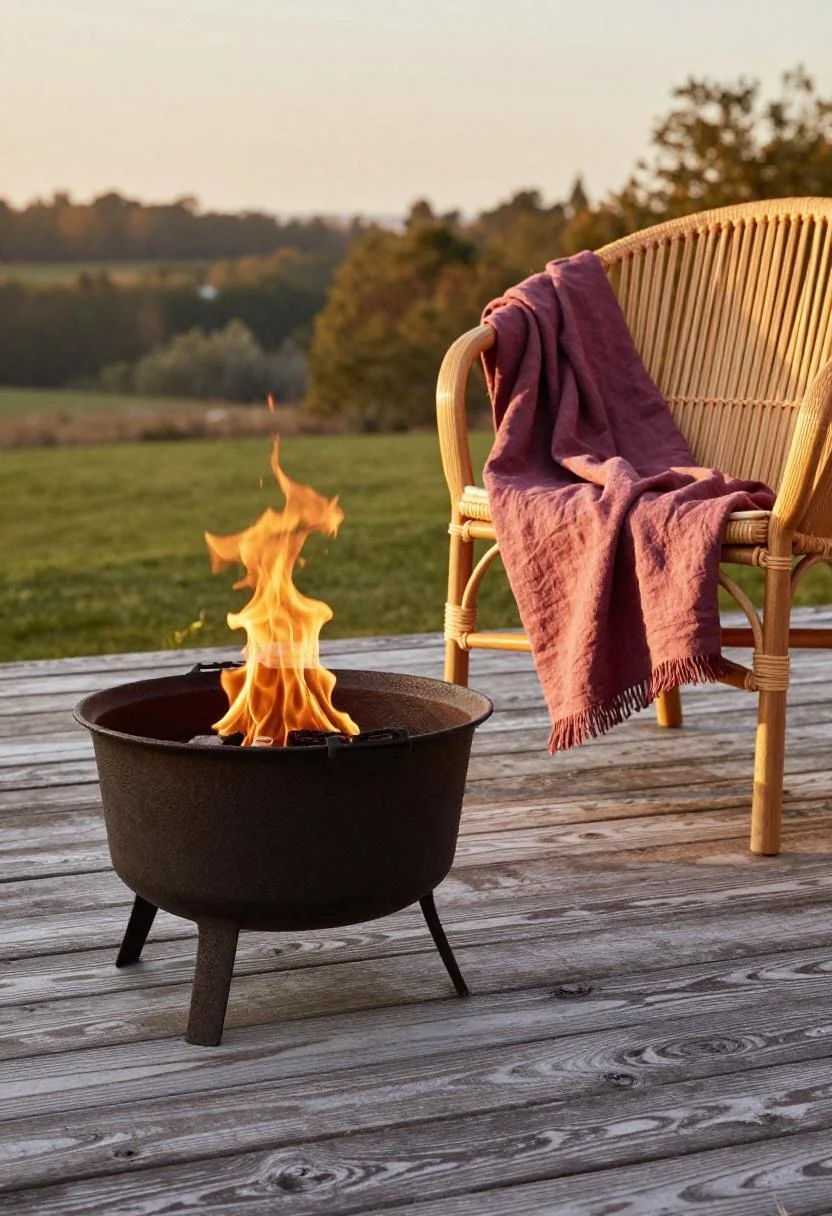 Cast-iron fire bowl with plum linen throw draped over teak deck chair at golden hour