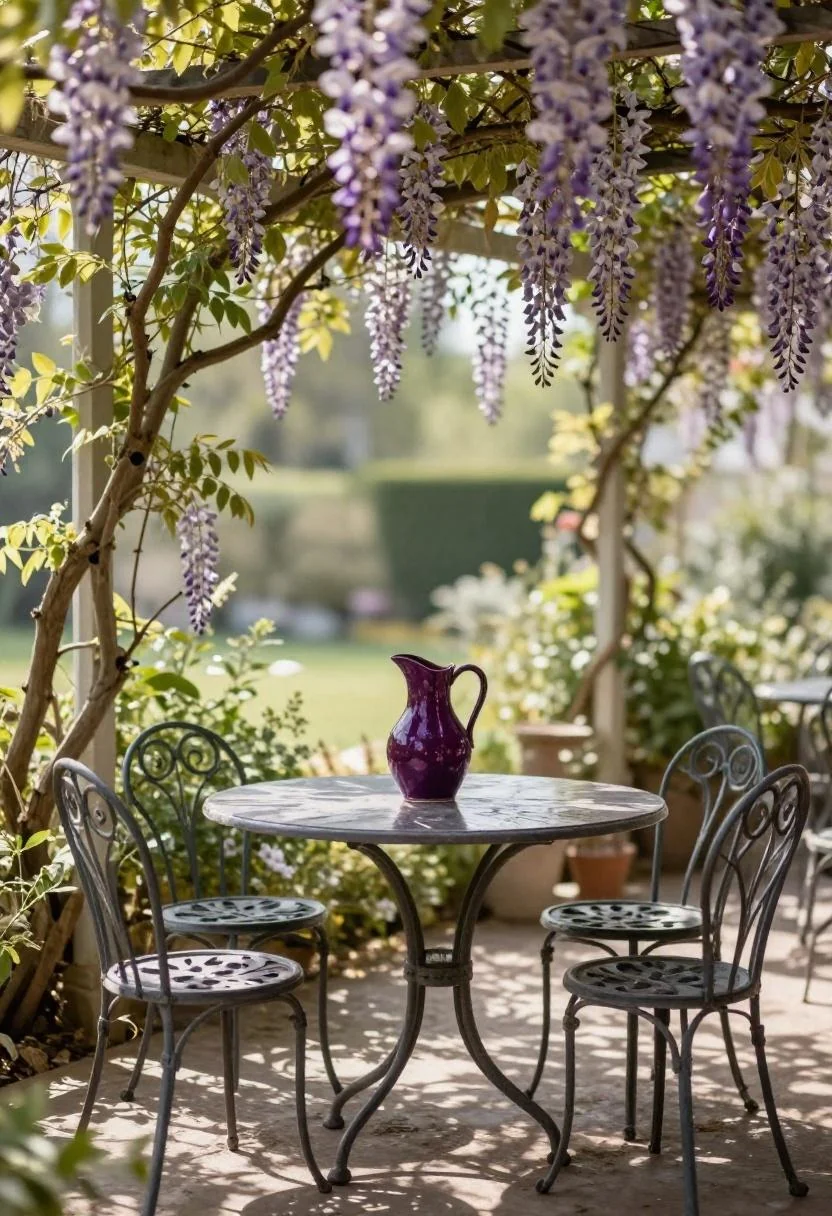 Wisteria-draped Mediterranean pergola with a plum ceramic pitcher on a wrought-iron bistro table
