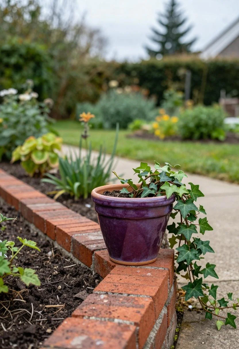 Diagonal reclaimed brick edging along a cottage garden bed with a plum-toned glazed pot