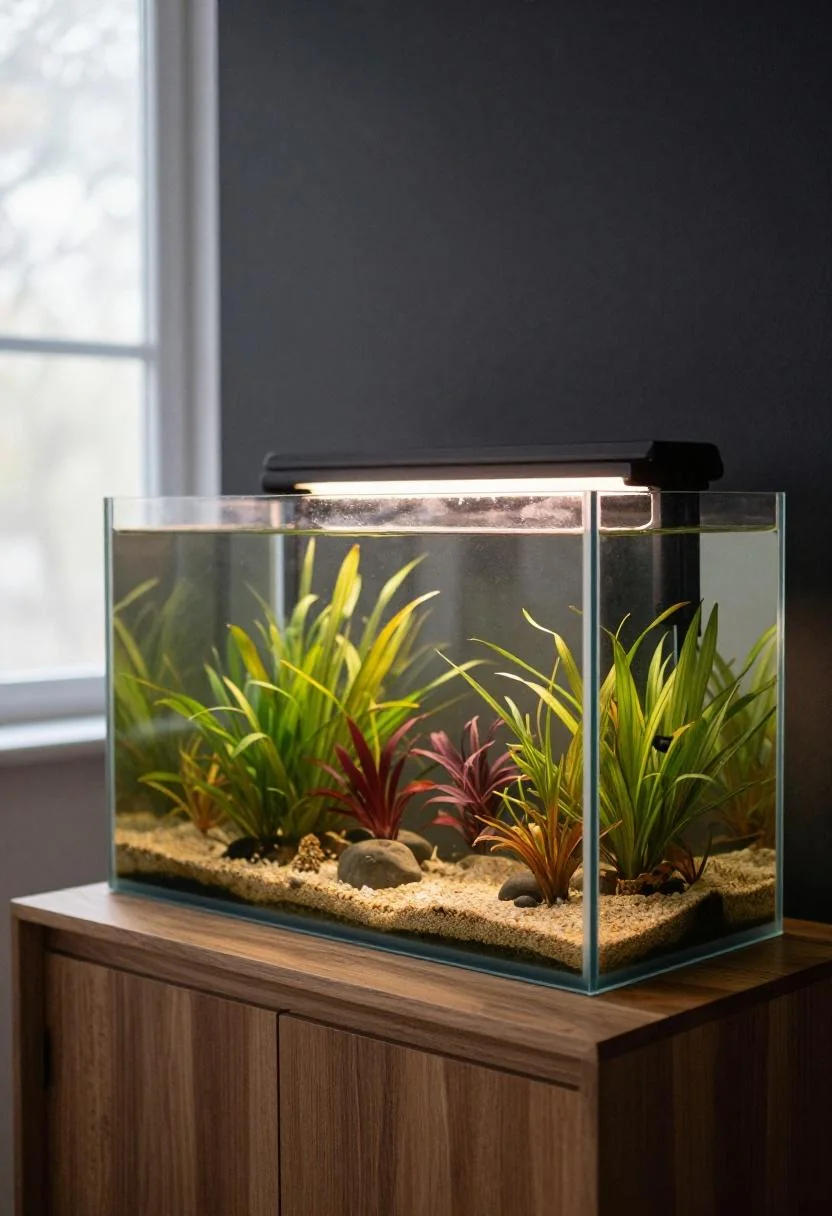 Tall aquarium with plum-hued aquatic plants on a walnut cabinet against a dark charcoal wall