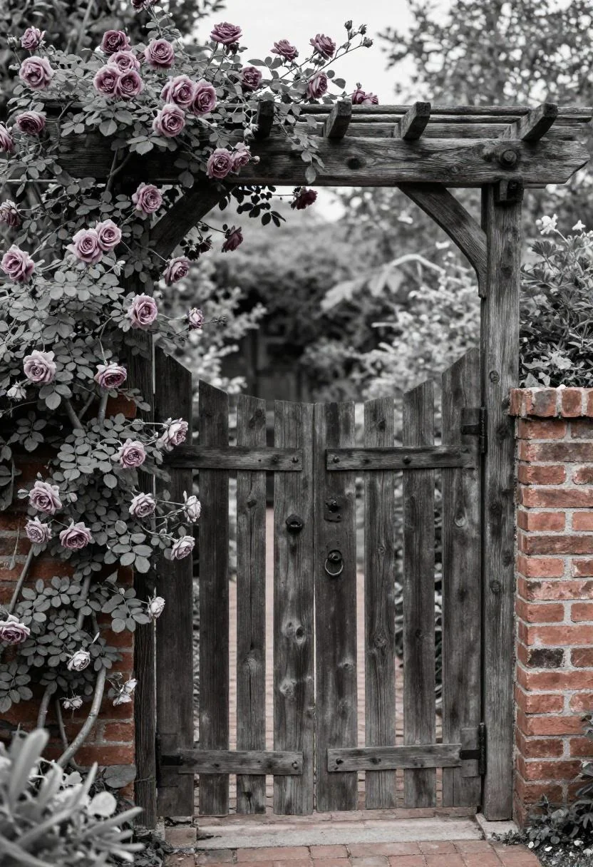 Dark oak arbor gate with deep plum climbing roses as a dramatic garden entrance