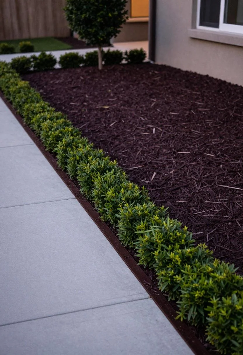 Plum noir steel edging strips creating sharp boundary between mulch and concrete path