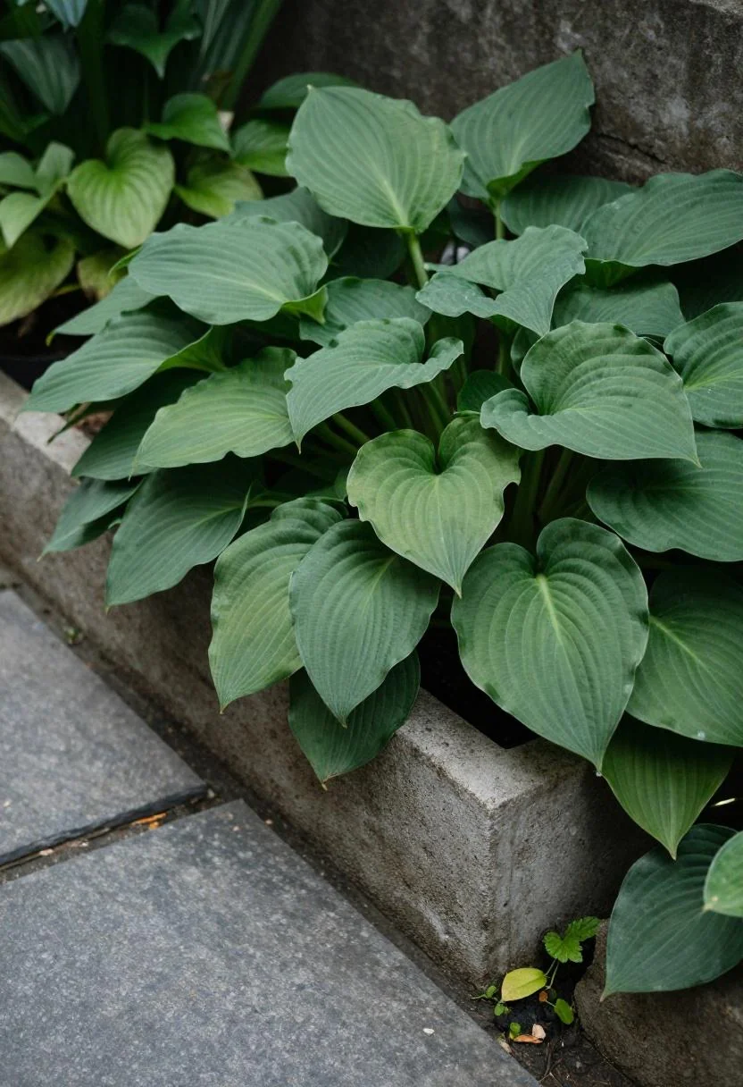 Concrete hosta planter at the edge of a slate garden path under soft overcast light