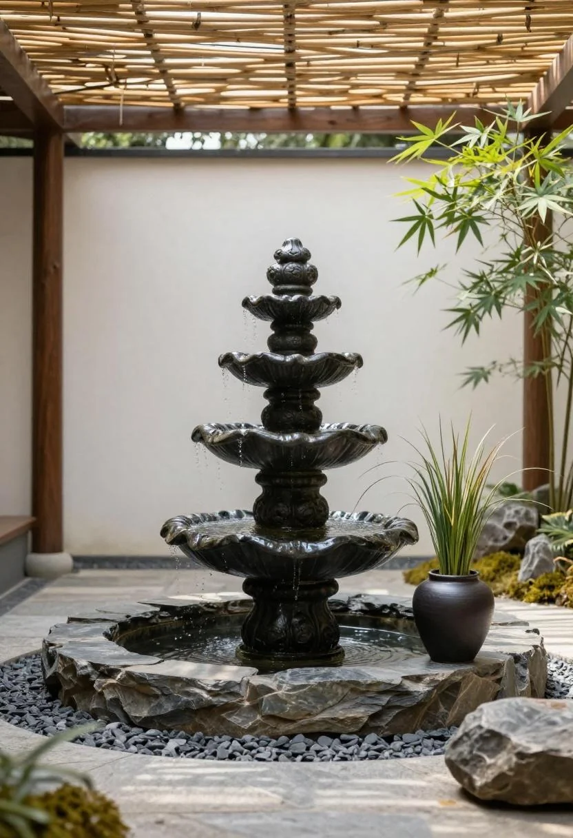 Stacked slate tiered fountain beside a plum ceramic planter on a zen garden path