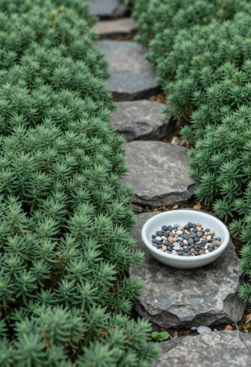 Limestone stepping stones nestled in dense sedum with plum ceramic dish as dark accent
