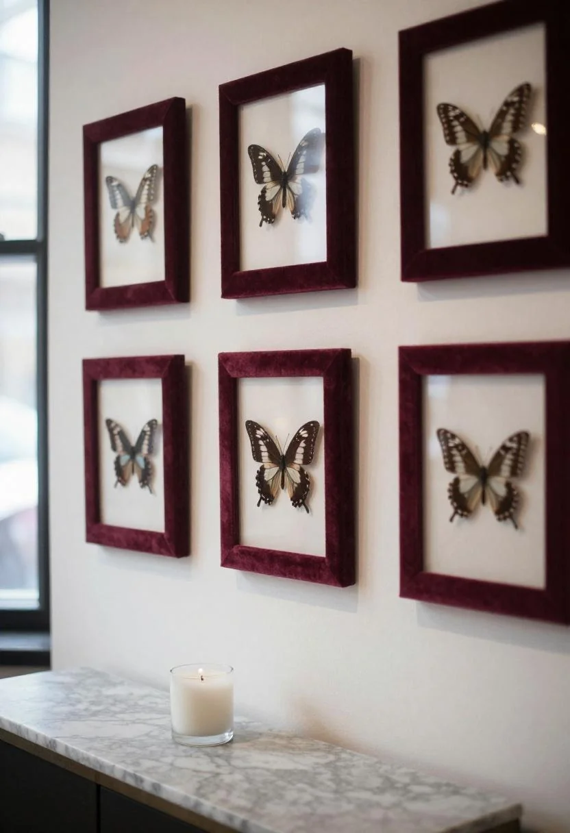 Plum noir velvet-lined butterfly shadow boxes clustered above a marble side table