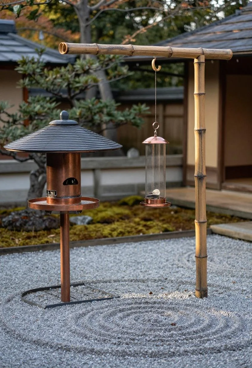 Copper bird feeder on a bamboo hook above a plum-noir lacquered gravel zen garden at golden hour