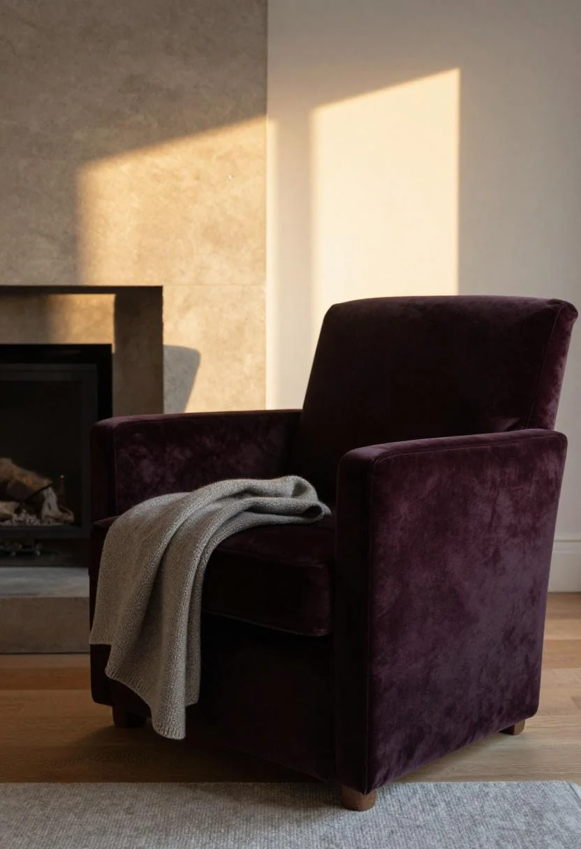 Plum velvet armchair beside a concrete fireplace in golden hour light