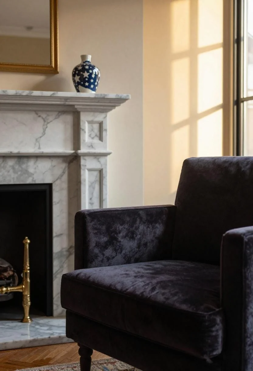 Plum velvet armchair beside a marble fireplace with a ceramic patriotic vase at golden hour