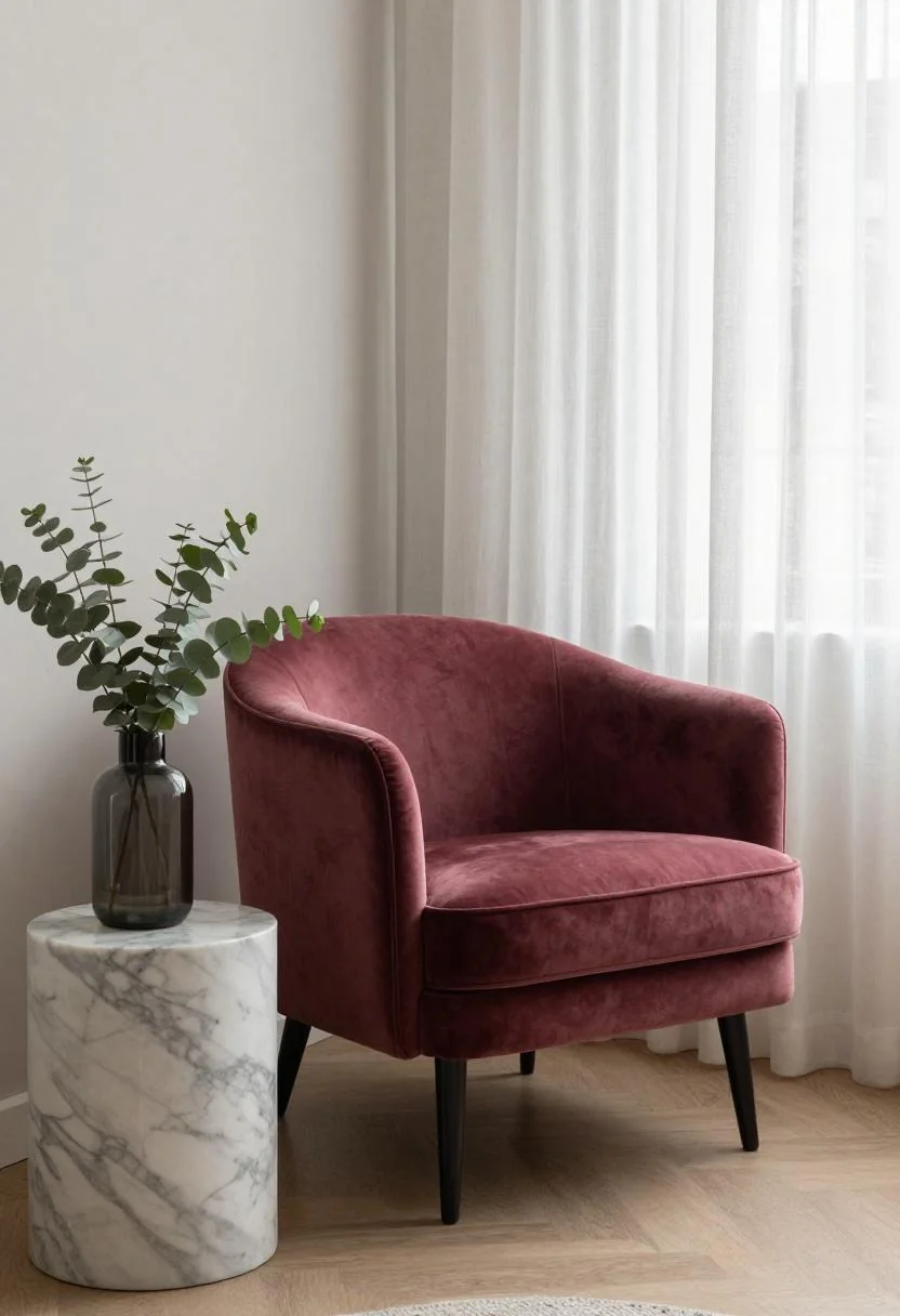 Plum noir velvet armchair with marble side table in a soft Scandinavian corner setting