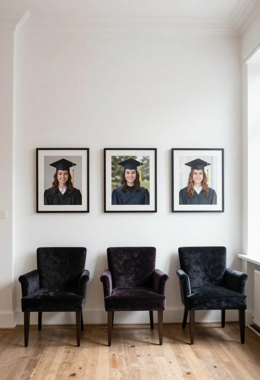 Plum noir velvet armchair beneath a symmetrical graduation portrait gallery wall