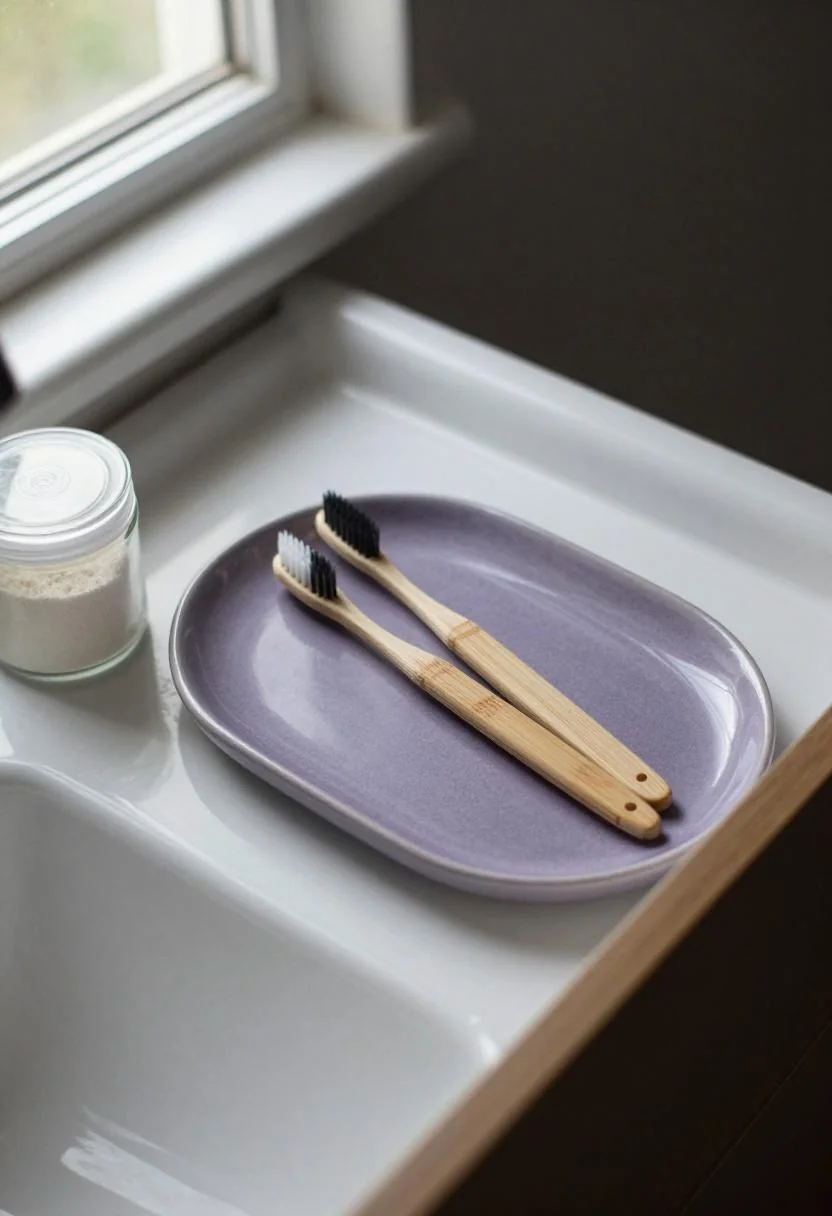 Bamboo toothbrushes and tooth powder in a plum noir ceramic tray inside a bathroom drawer
