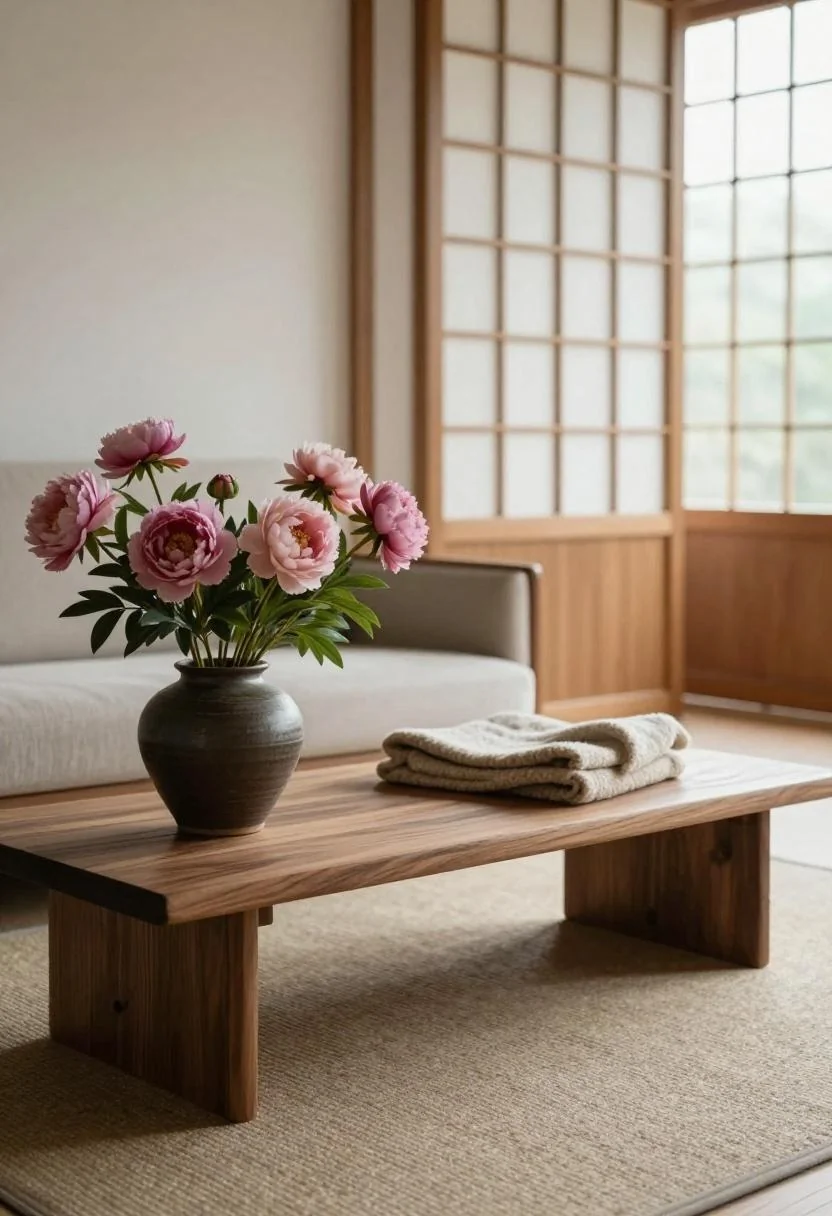 Plum artificial peonies in a ceramic pot on a walnut bench in a japandi living room