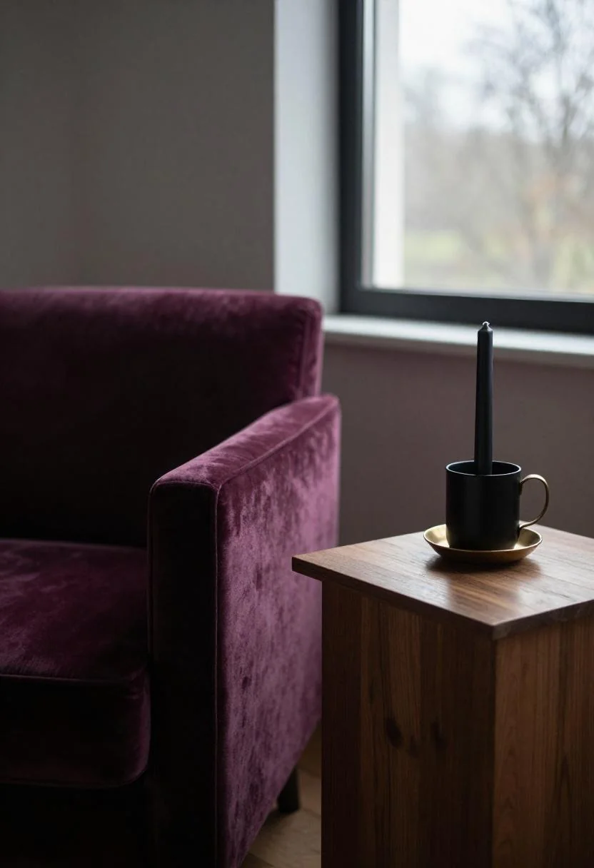 Plum velvet armchair with brass candleholder on a walnut side table