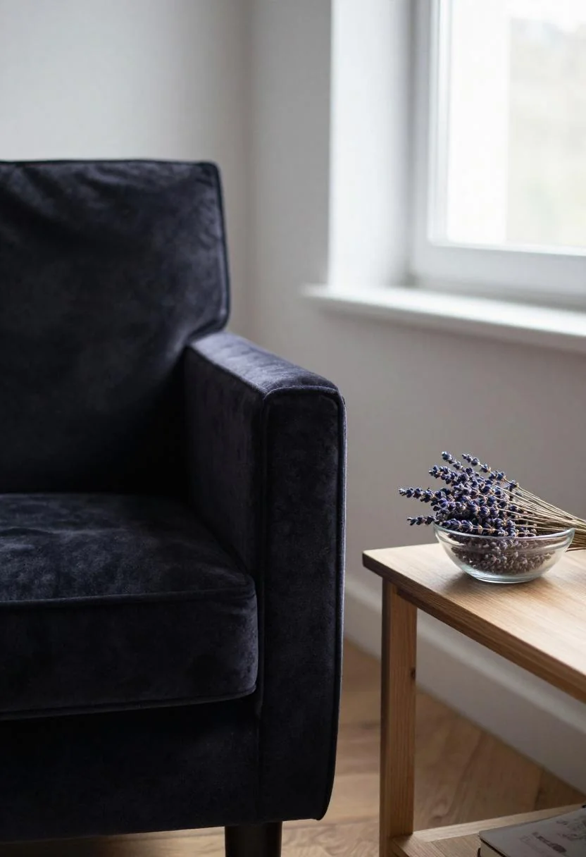 Plum velvet armchair with dried lavender arranged on an oak shelf behind it