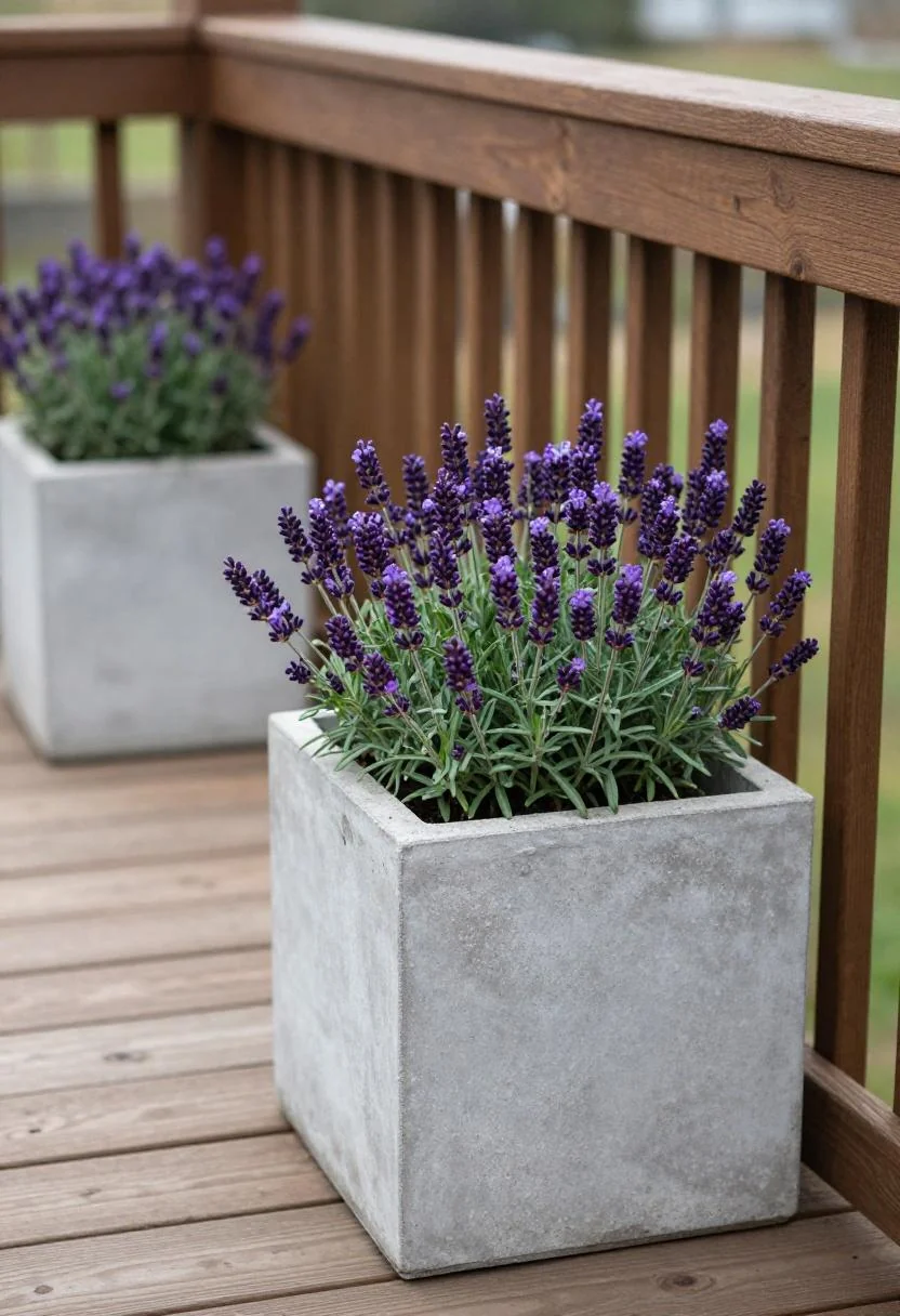 Lavender in a concrete planter along a wooden deck railing under soft overcast light