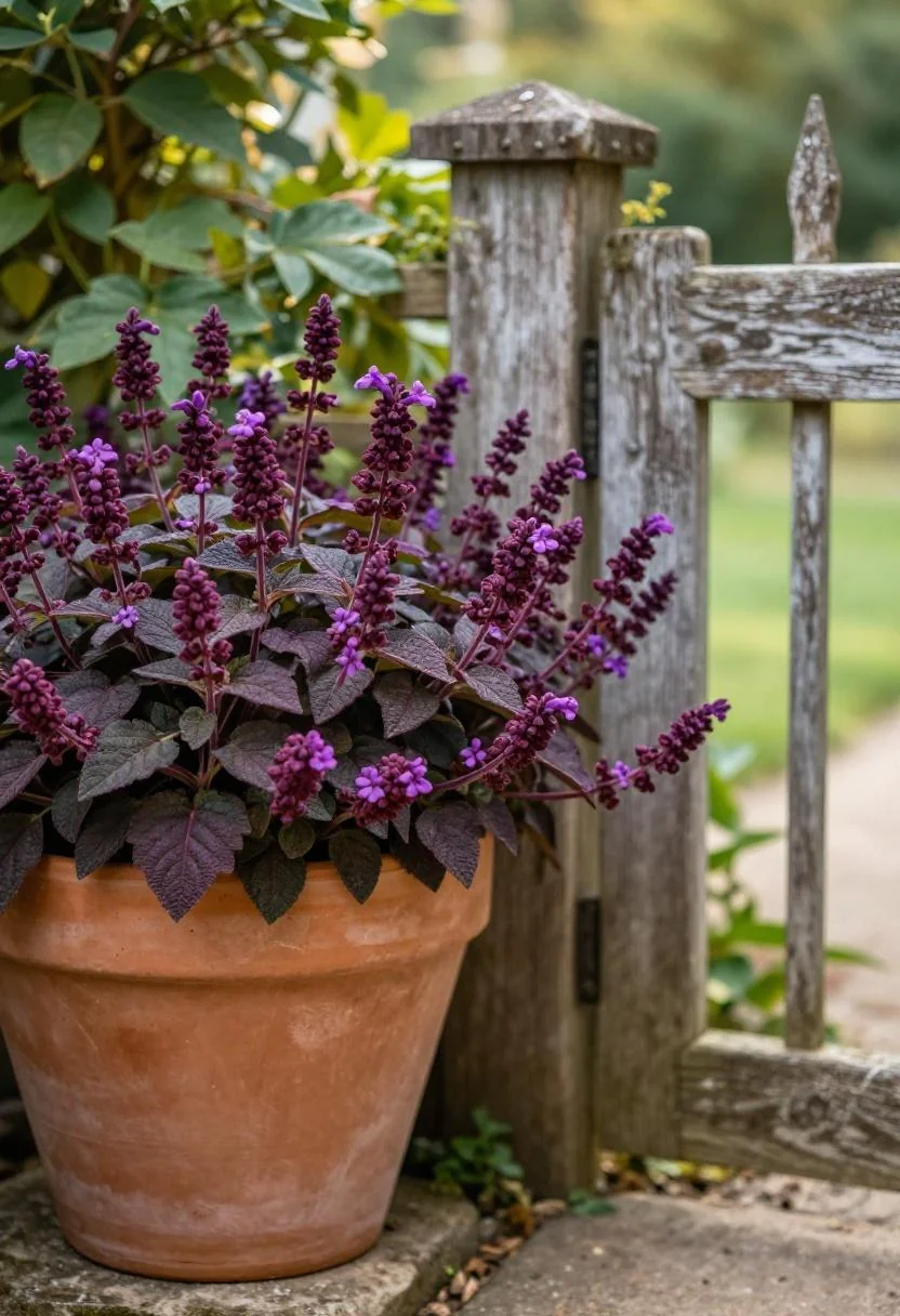 Deep plum salvia cascading from a terracotta pot beside a weathered oak garden gate in morning light