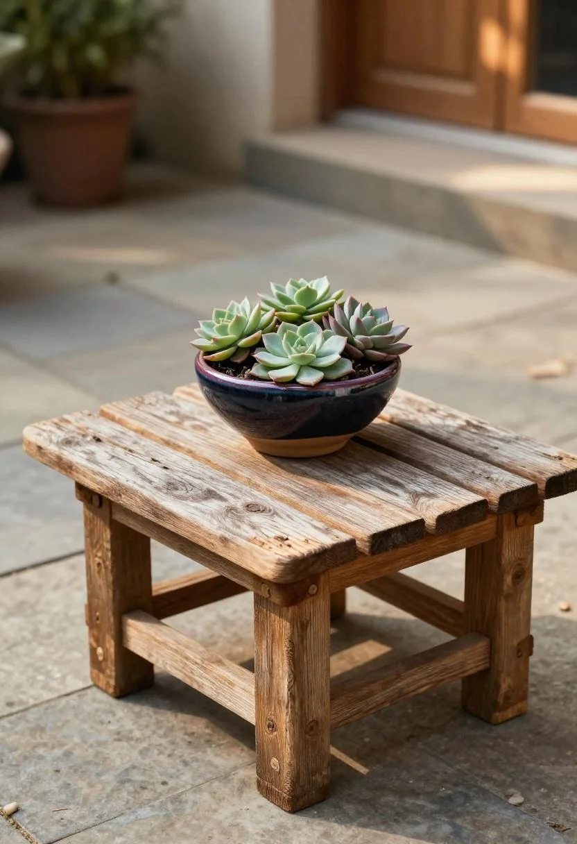 Oak pallet coffee table with plum noir succulent bowl at golden hour on stone patio