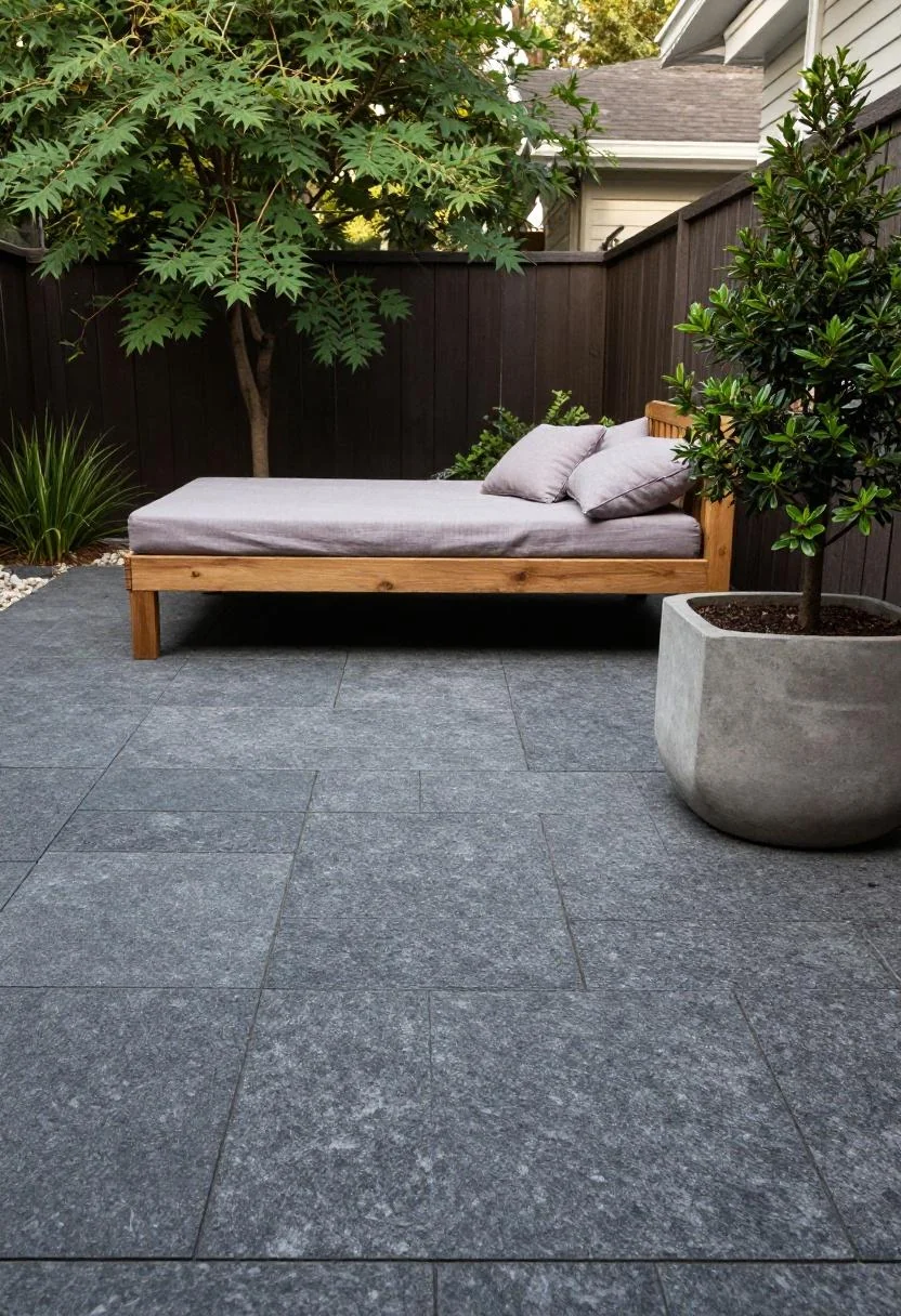 Teak daybed with plum linen cushions on granite pavers in a modern backyard setting
