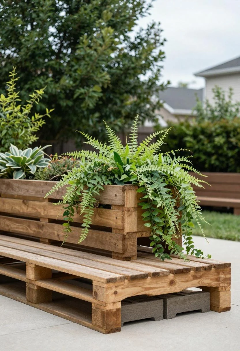 Stacked pallet raised planter with jade green trailing vines on a shaded backyard deck