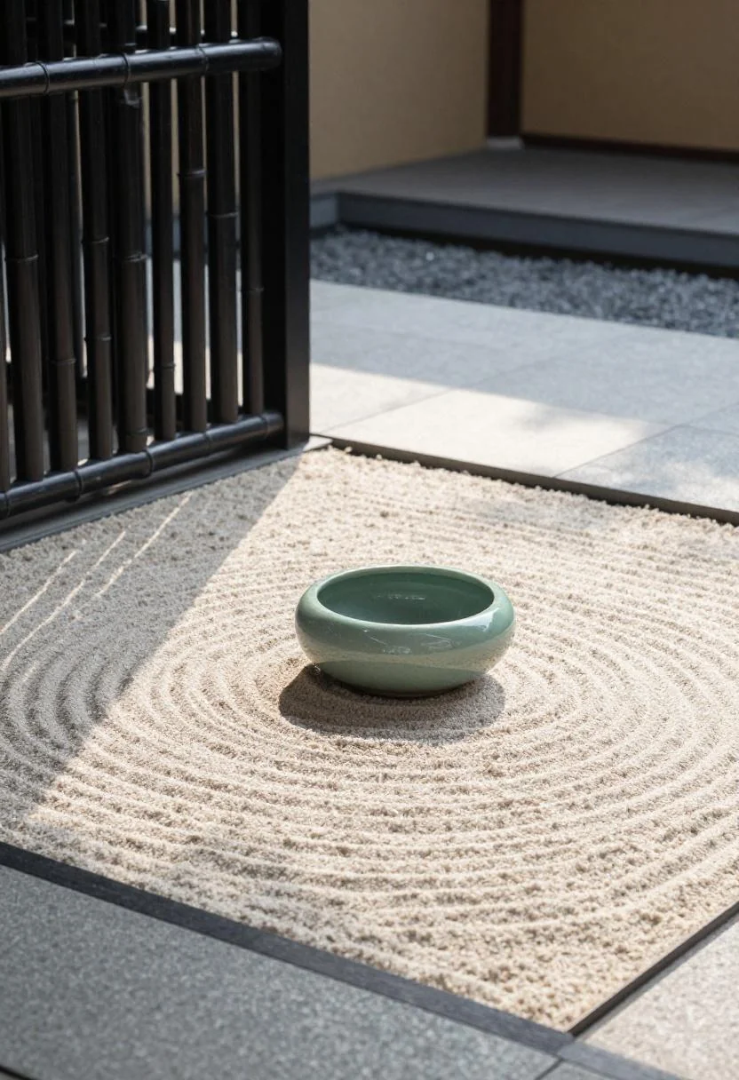 Jade ceramic fountain on buff sandstone pavers beside a bamboo screen in a zen garden