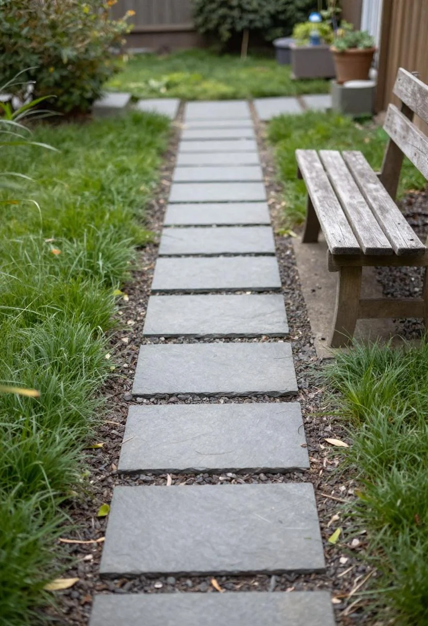 Slate garden path with jade mondo grass and weathered oak bench