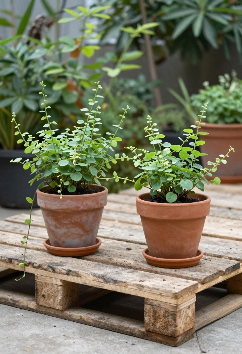 Jade-painted terracotta pots with trailing vines flanking a pallet deck edge on an overcast day