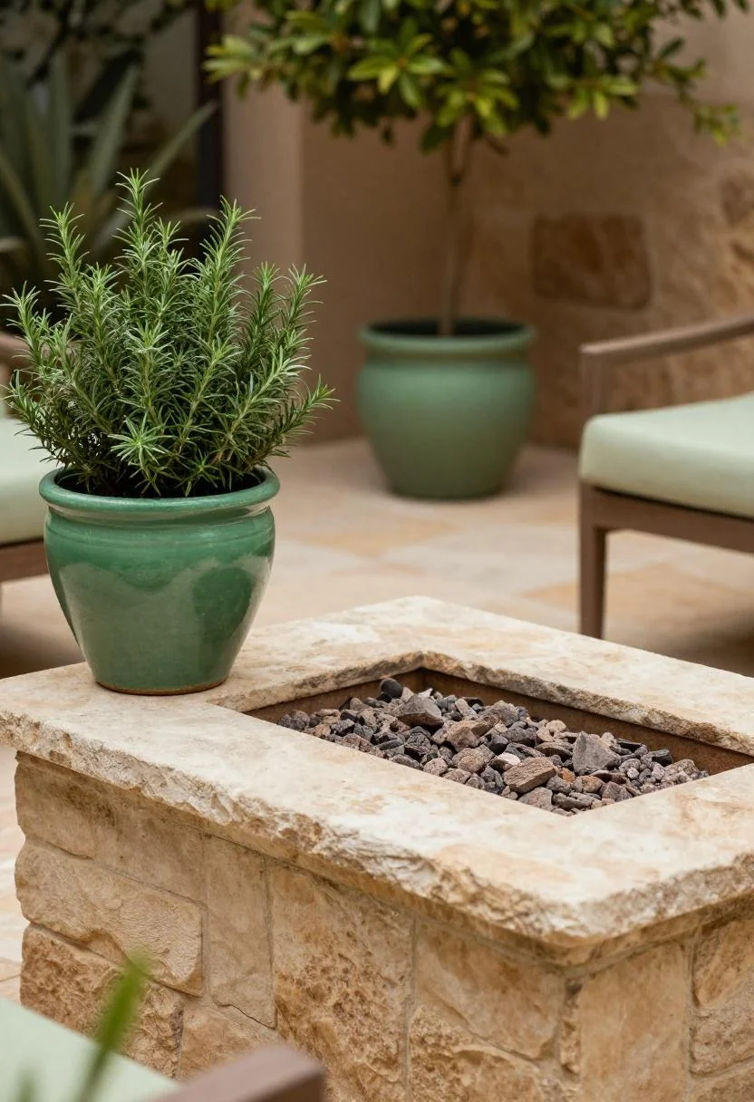 Stone fire pit with jade green rosemary pot in a shaded Mediterranean garden patio setting