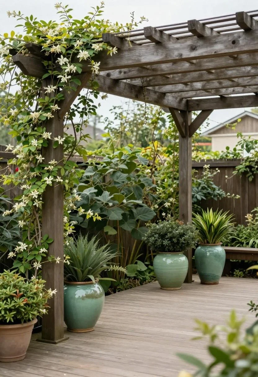 Cedar pergola post flanked by jade green glazed planters spilling jasmine on a garden deck