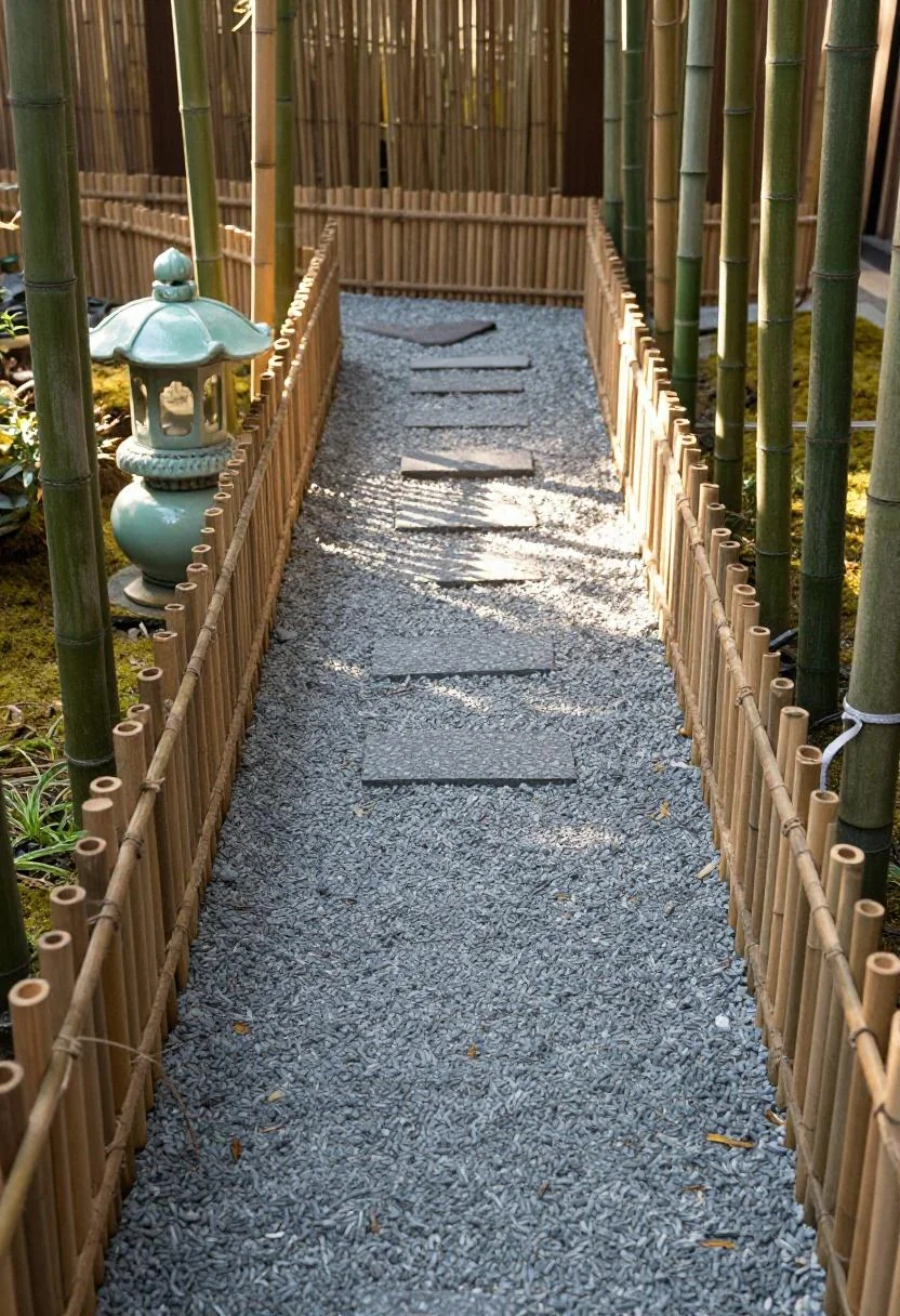 Bamboo stake edging bordering a zen gravel path with a jade green ceramic lantern at the side